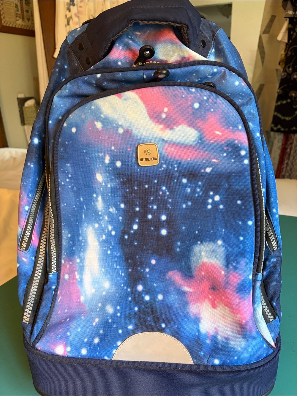 Weishengda Print Kids backpack rolling bag in Blue & Pink.
